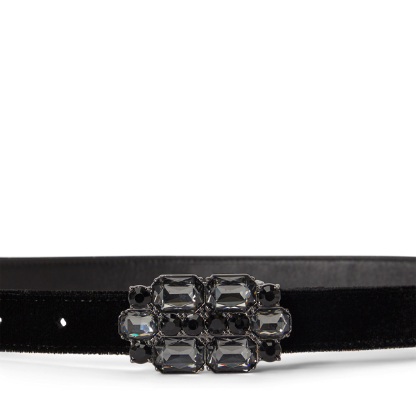 Stone-Buckle Velvet Skinny Belt