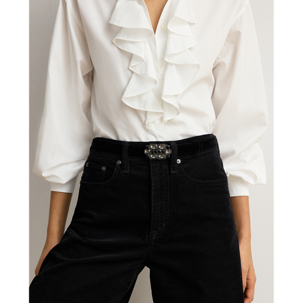 Stone-Buckle Velvet Skinny Belt