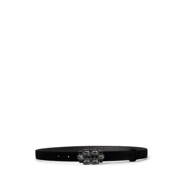 Stone-Buckle Velvet Skinny Belt