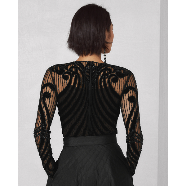 Black Jacey Embellished Velvet-Tulle Top Ralph Lauren Collection 6