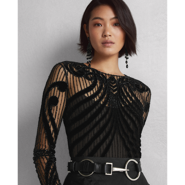 Black Jacey Embellished Velvet-Tulle Top Ralph Lauren Collection 7