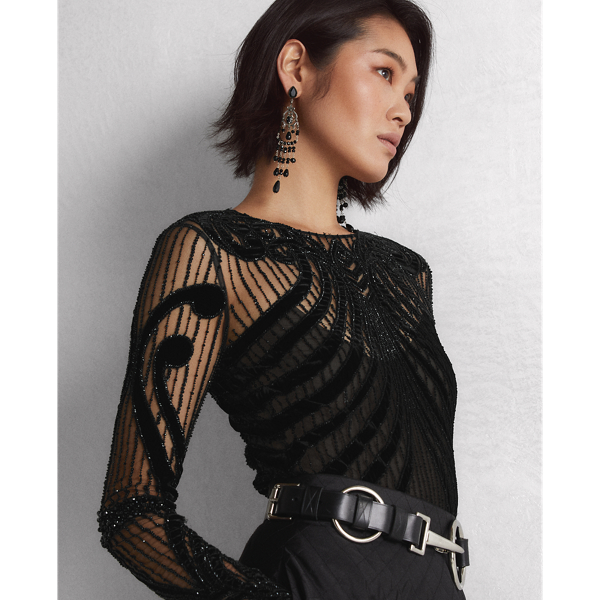 Black Jacey Embellished Velvet-Tulle Top Ralph Lauren Collection 8