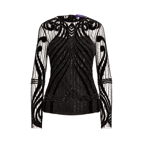 Black Jacey Embellished Velvet-Tulle Top Ralph Lauren Collection 2