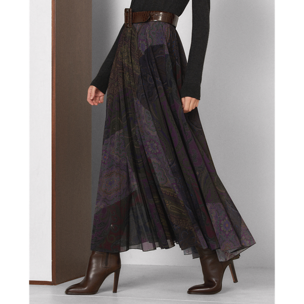 Burgundy Multi Pavla Paisley Patchwork Pleated Skirt Ralph Lauren Collection 5