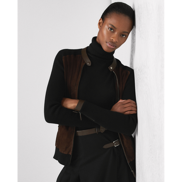 Black Suede-Front Cashmere Moto Jumper Jacket Ralph Lauren Collection 4