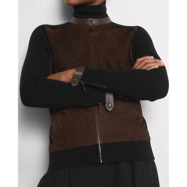 Black Suede-Front Cashmere Moto Jumper Jacket Ralph Lauren Collection 8