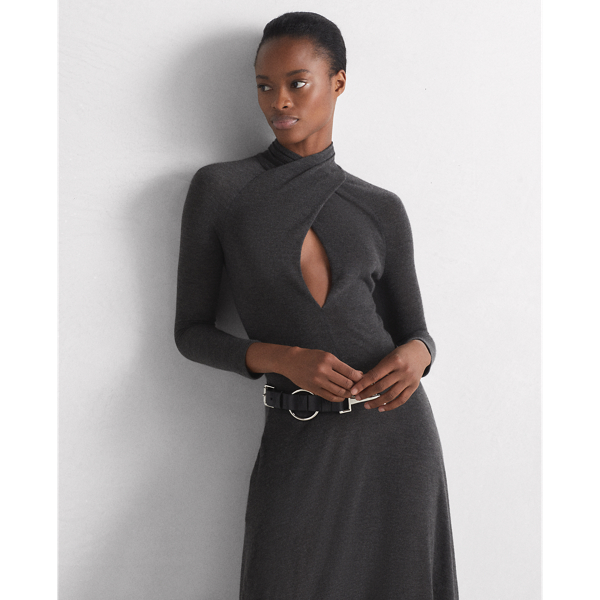 Medium Grey Heather Worsted Wool Long-Sleeve Jumper Dress Ralph Lauren Collection 4