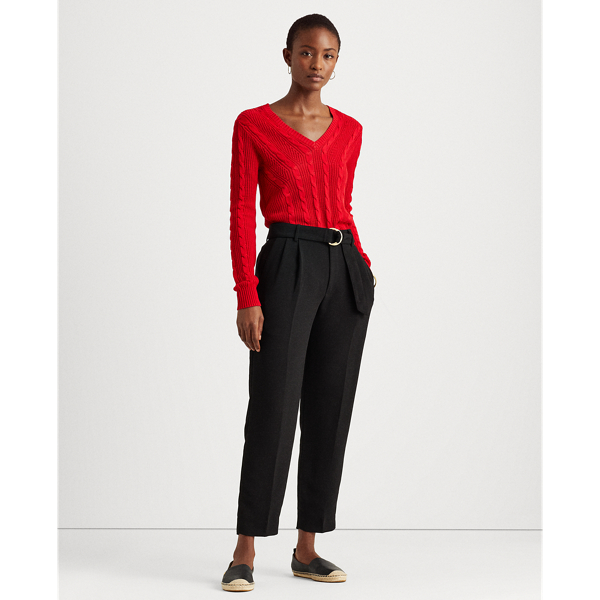 Lipstick Red Cable-Knit V-Neck Jumper Lauren 4