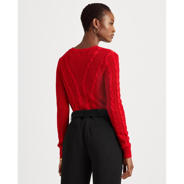 Lipstick Red Cable-Knit V-Neck Jumper Lauren 5