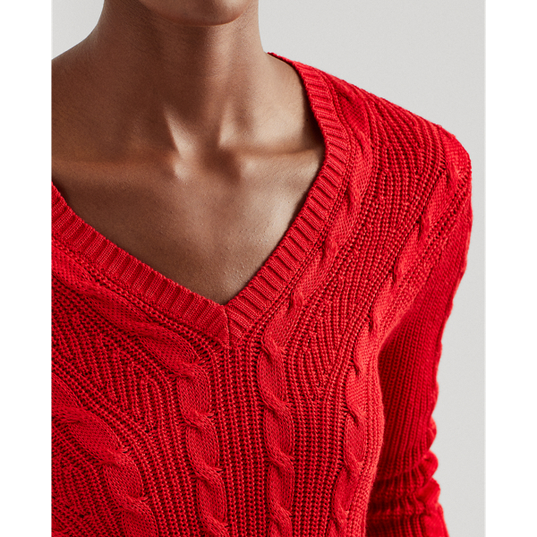 Lipstick Red Cable-Knit V-Neck Jumper Lauren 6