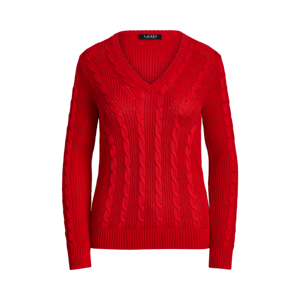 Lipstick Red Cable-Knit V-Neck Jumper Lauren 2