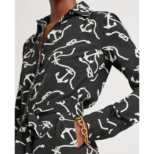 Polo Black/White Print Belted Crepe Shirtdress Lauren 6