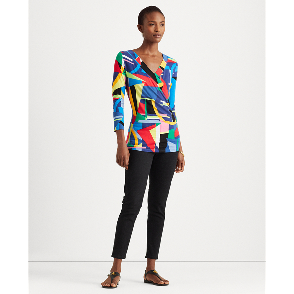 Blue Multi Print Wrap-Style Jersey Top Lauren 4
