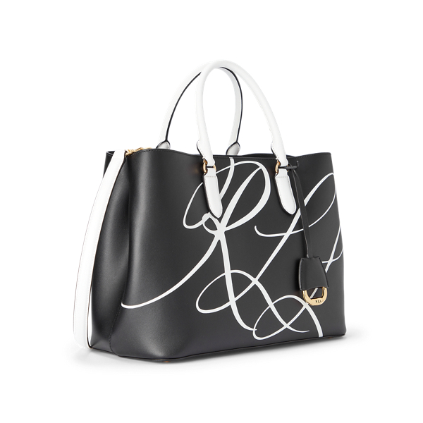 Black/White Leather Large Print Marcy Satchel Lauren 3