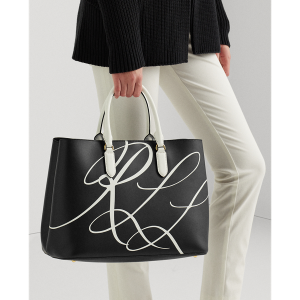 Black/White Leather Large Print Marcy Satchel Lauren 7