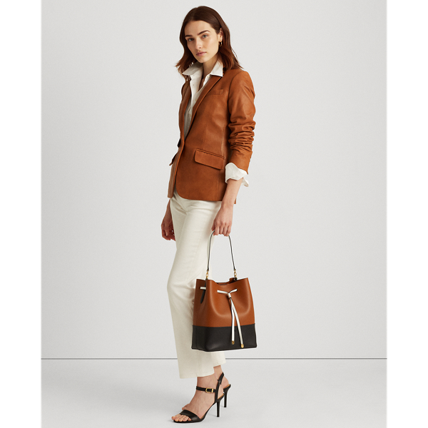 Lauren Tan/Black Leather Two-Tone Debby Drawstring Bag Lauren 6