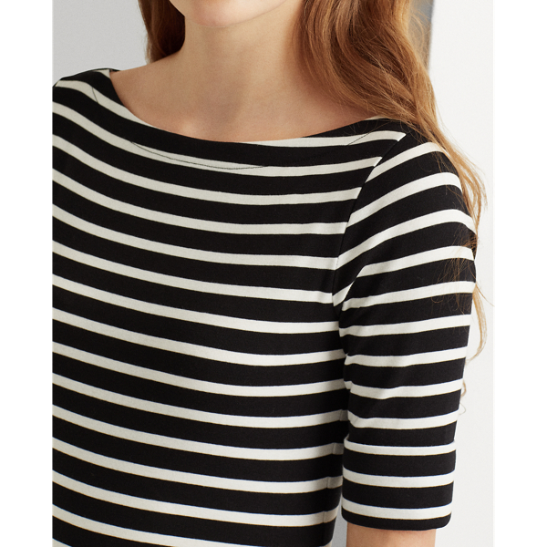 Polo Black/White Striped Stretch Cotton Midi Dress Lauren 6
