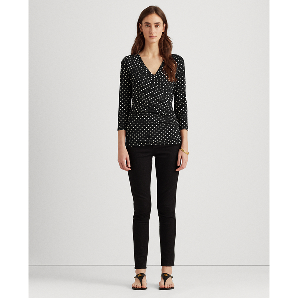 Polo Black/White Polka-Dot Wrap-Style Jersey Top Lauren 4
