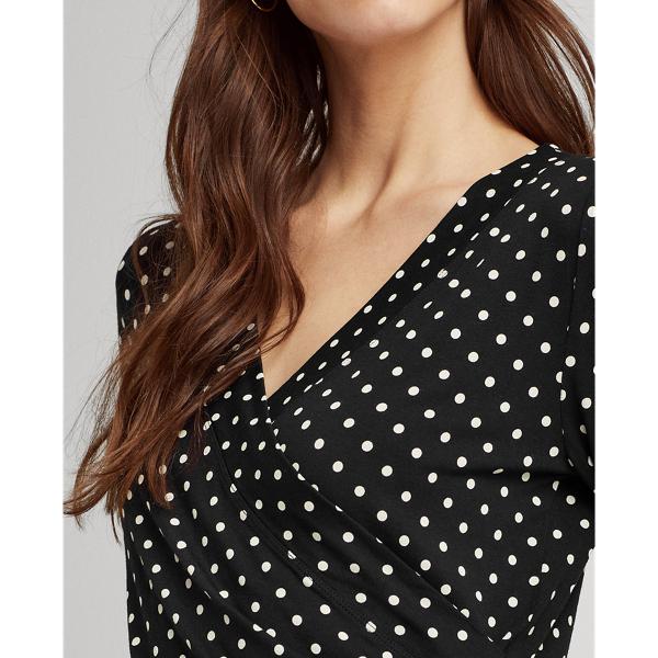 Polo Black/White Polka-Dot Wrap-Style Jersey Top Lauren 6