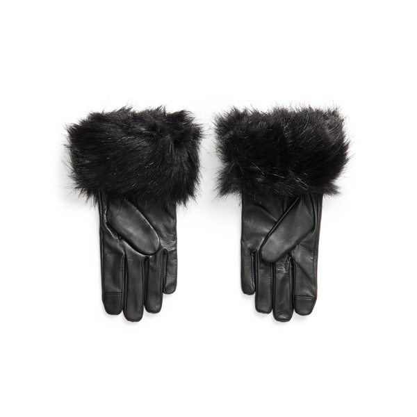 Black Faux-Fur-Trim Sheepskin Tech Gloves Lauren 2