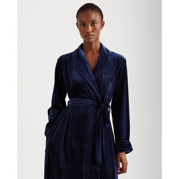 Navy Shawl-Collar Long Velvet Robe Lauren 3