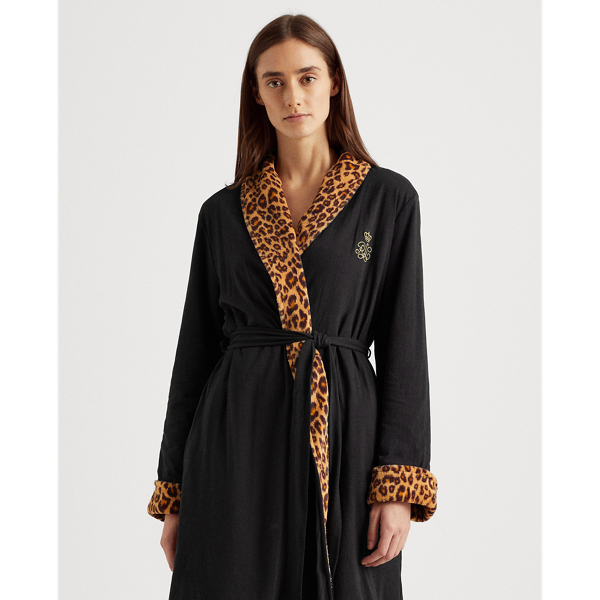 Black Leopard-Print Short Shawl-Collar Robe Lauren 4