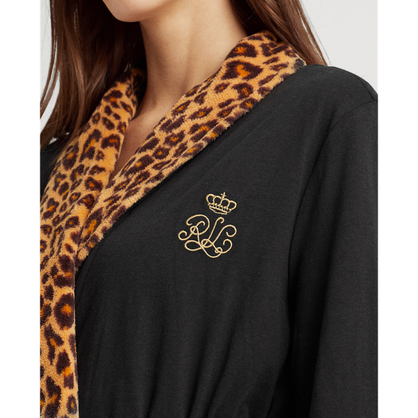 Black Leopard-Print Short Shawl-Collar Robe Lauren 6