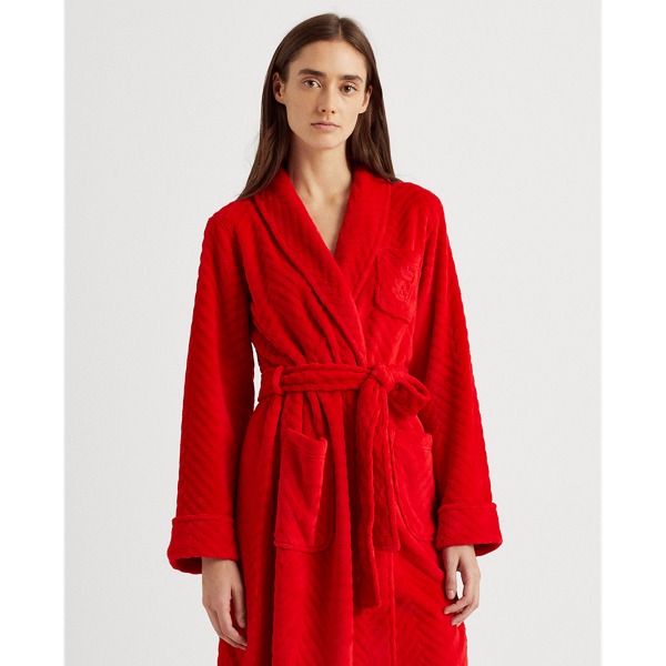 Red Herringbone Short Shawl-Collar Robe Lauren 4