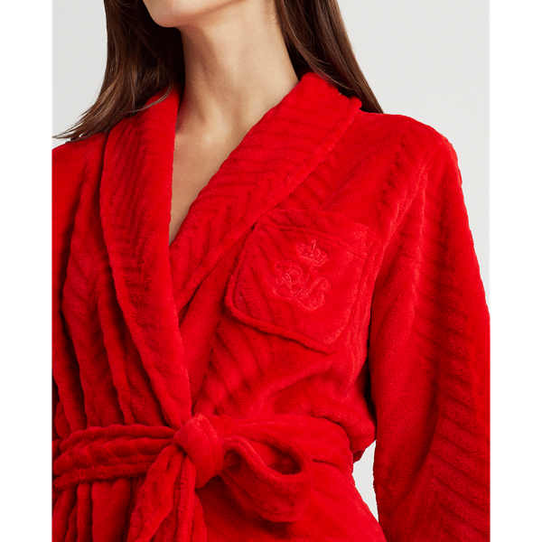 Red Herringbone Short Shawl-Collar Robe Lauren 6