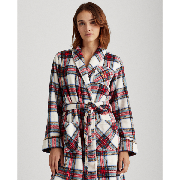 Ivory Plaid Plaid Short Shawl-Collar Robe Lauren 4