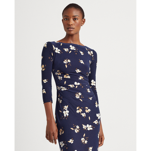 Navy/Taupe/Multi Floral Ruched Jersey Dress Lauren 3