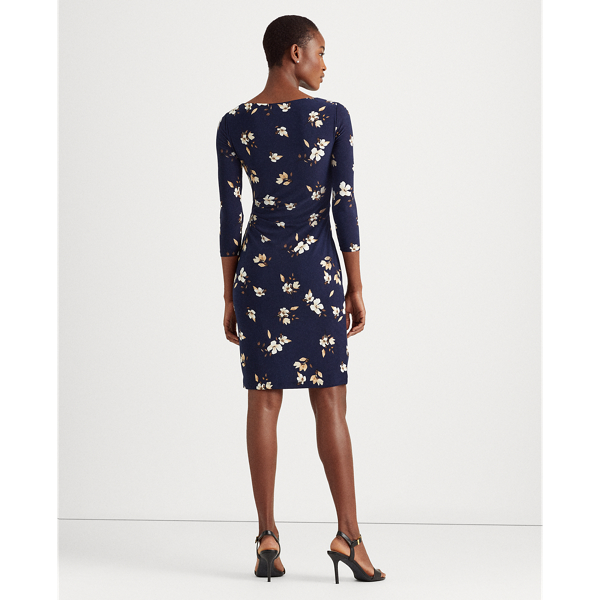 Navy/Taupe/Multi Floral Ruched Jersey Dress Lauren 4