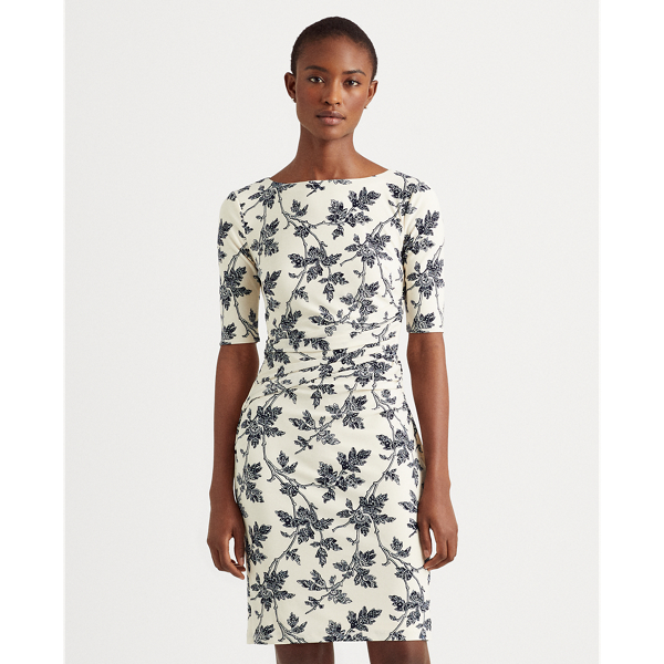 Ivory/Navy Floral Matte Jersey Dress Lauren 3