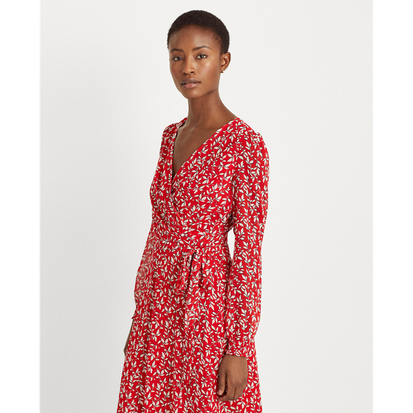 Lipstick Red/Col Cream/Lh Print Georgette Dress Lauren 4