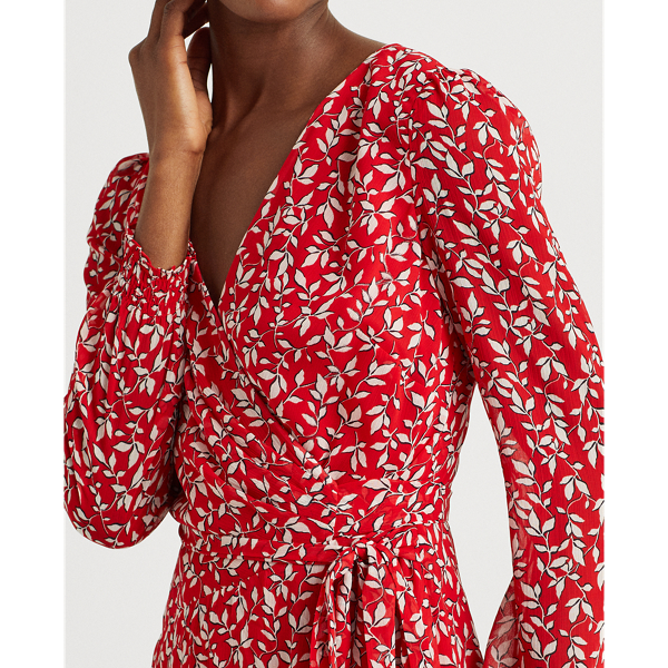 Lipstick Red/Col Cream/Lh Print Georgette Dress Lauren 6