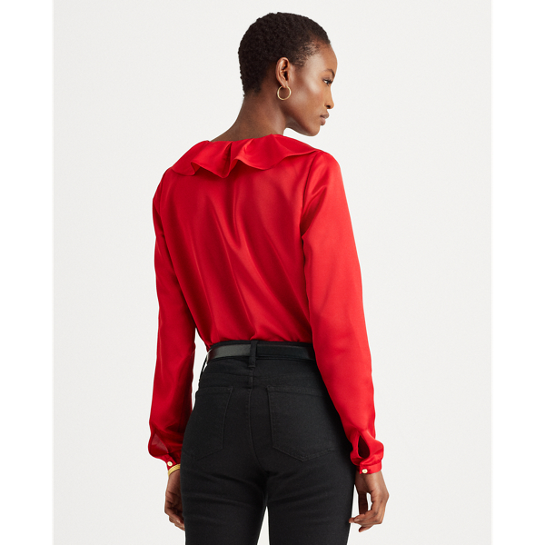 Lipstick Red Ruffle-Trim Sateen Top Lauren 5