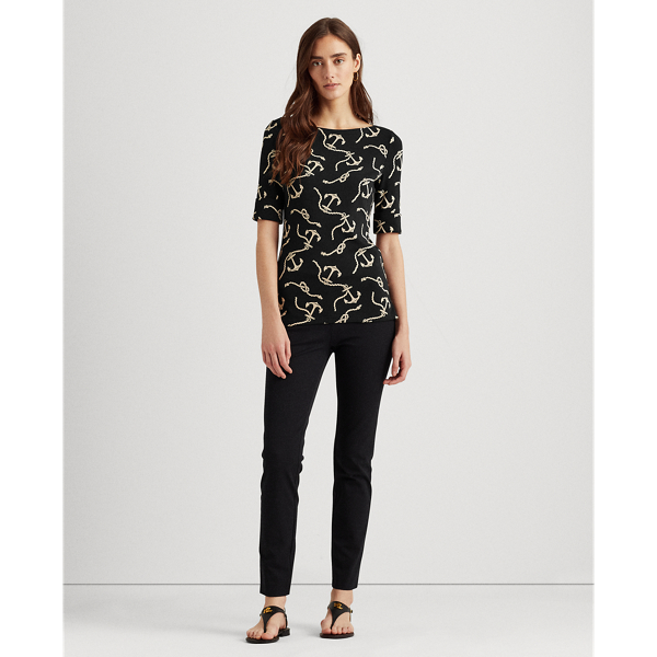 Polo Black/White Print Cotton-Blend Boatneck Top Lauren 4