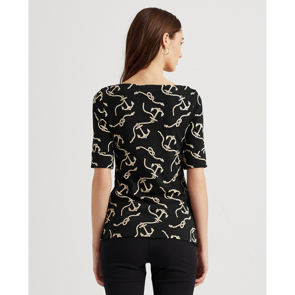 Polo Black/White Print Cotton-Blend Boatneck Top Lauren 5
