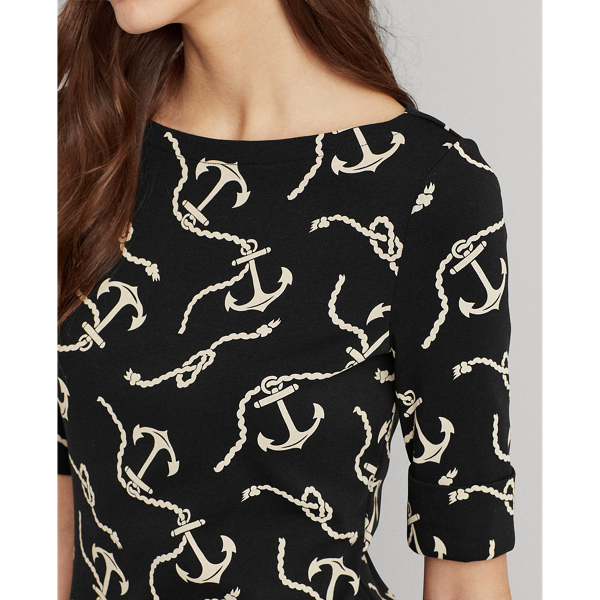 Polo Black/White Print Cotton-Blend Boatneck Top Lauren 6