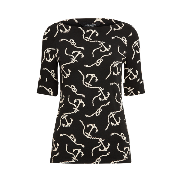 Polo Black/White Print Cotton-Blend Boatneck Top Lauren 2