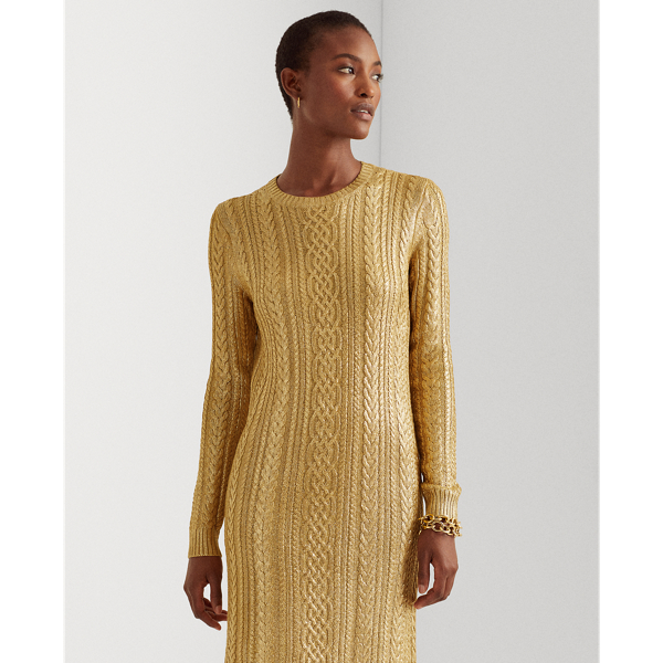 Shiny Gold Metallic Cable-Knit Jumper Dress Lauren 3