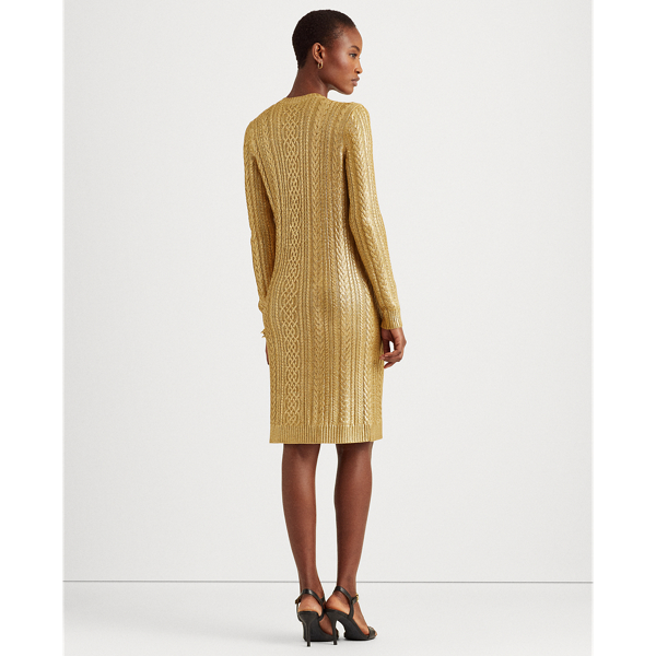 Shiny Gold Metallic Cable-Knit Jumper Dress Lauren 4