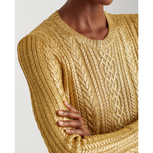 Shiny Gold Metallic Cable-Knit Jumper Dress Lauren 5