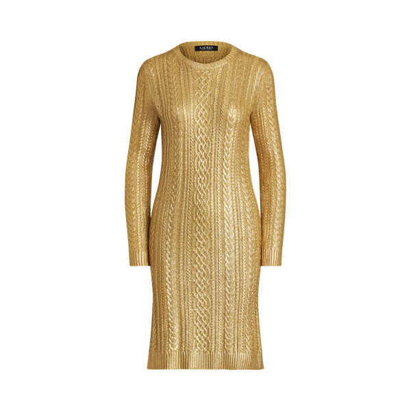 Shiny Gold Metallic Cable-Knit Jumper Dress Lauren 2