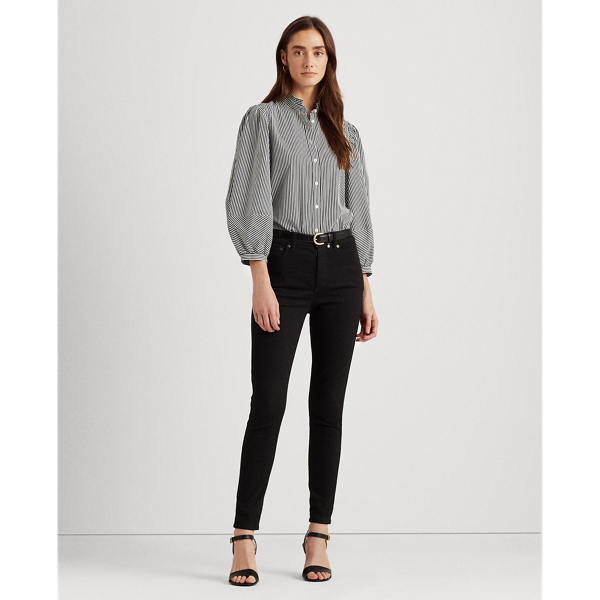 Black/White Striped Bishop-Sleeve Cotton Shirt Lauren 4