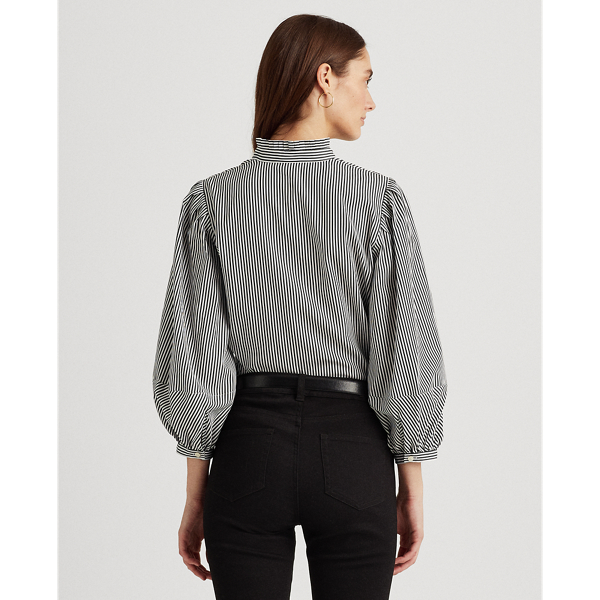 Black/White Striped Bishop-Sleeve Cotton Shirt Lauren 5