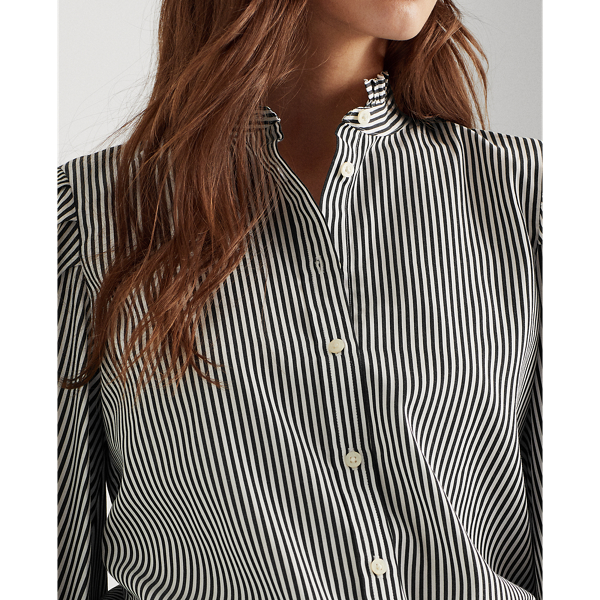 Black/White Striped Bishop-Sleeve Cotton Shirt Lauren 6