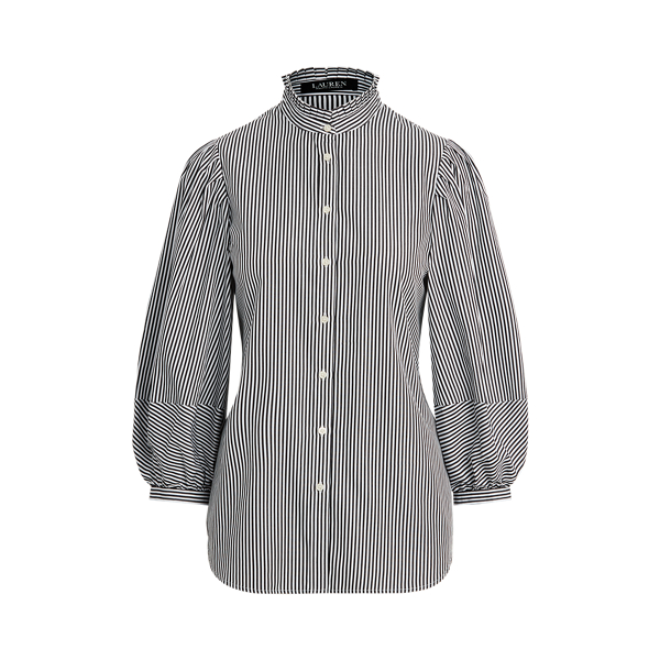 Black/White Striped Bishop-Sleeve Cotton Shirt Lauren 2