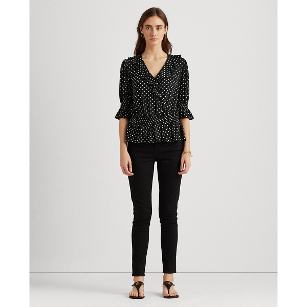 Polo Black/White Polka-Dot Jersey Peplum Top Lauren 3