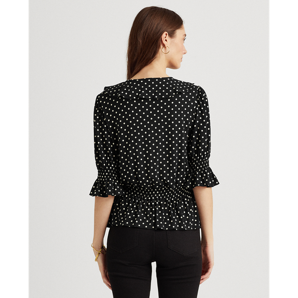 Polo Black/White Polka-Dot Jersey Peplum Top Lauren 4